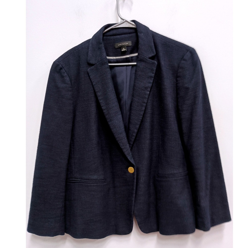 Ann Taylor Blazer Womens Size 14 Navy Blue Textured One Button Professional